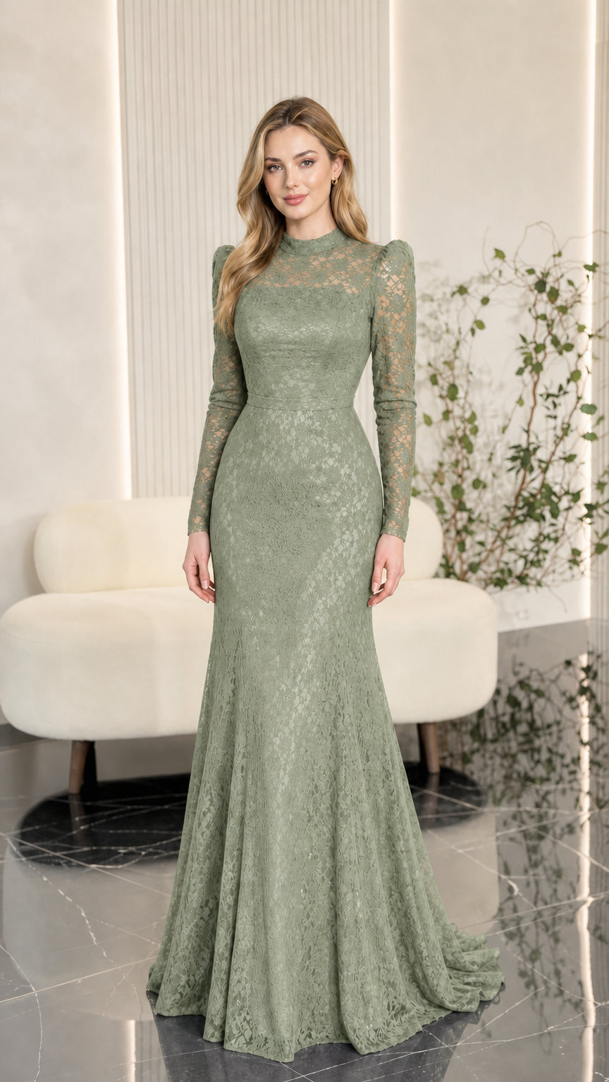 Sage green mock neck lace long sleeve formal maxi dress