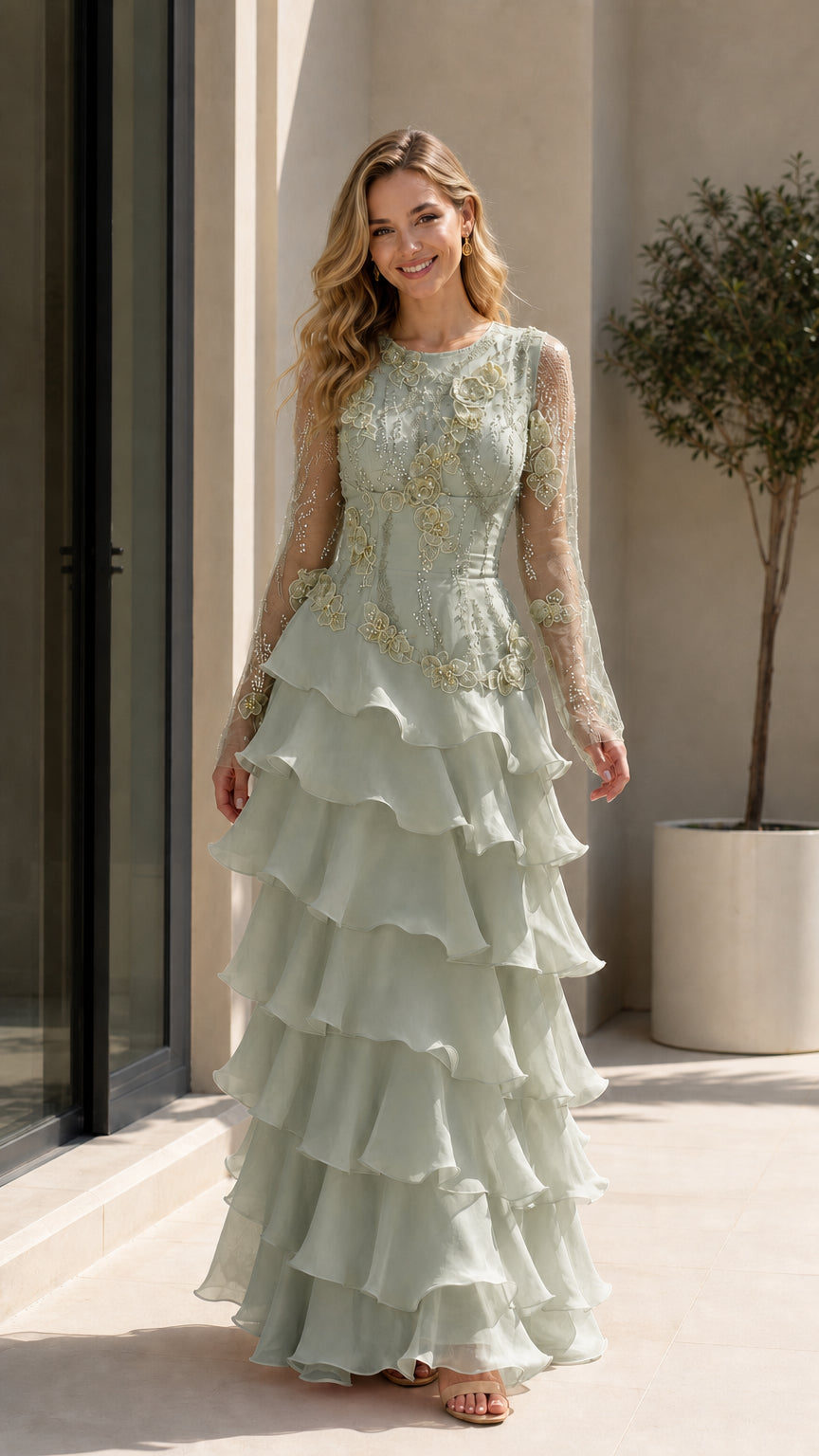 Model wearing Sage Green long sleeve tiered ruffle evening gown
