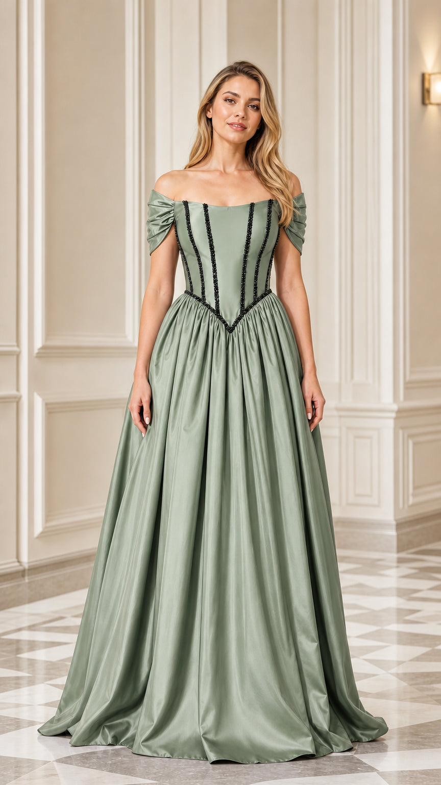 Sage Green off-the-shoulder satin evening gown