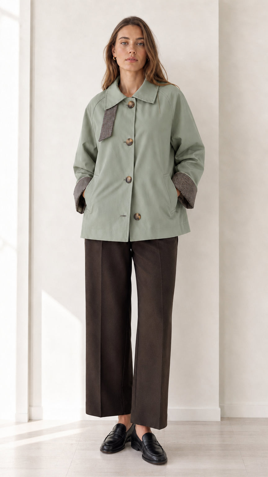 Front view of women's sage green button-up short trench jacket
