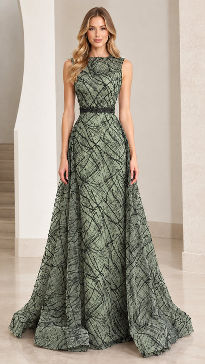 Front view of sage green sleeveless A-line formal gown with beaded waist