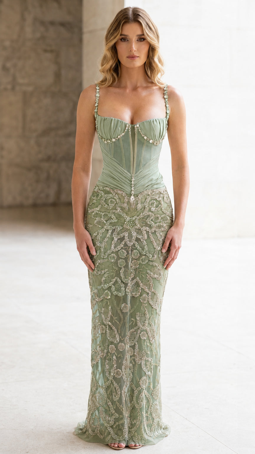 Front view of sage green embellished corset maxi dress