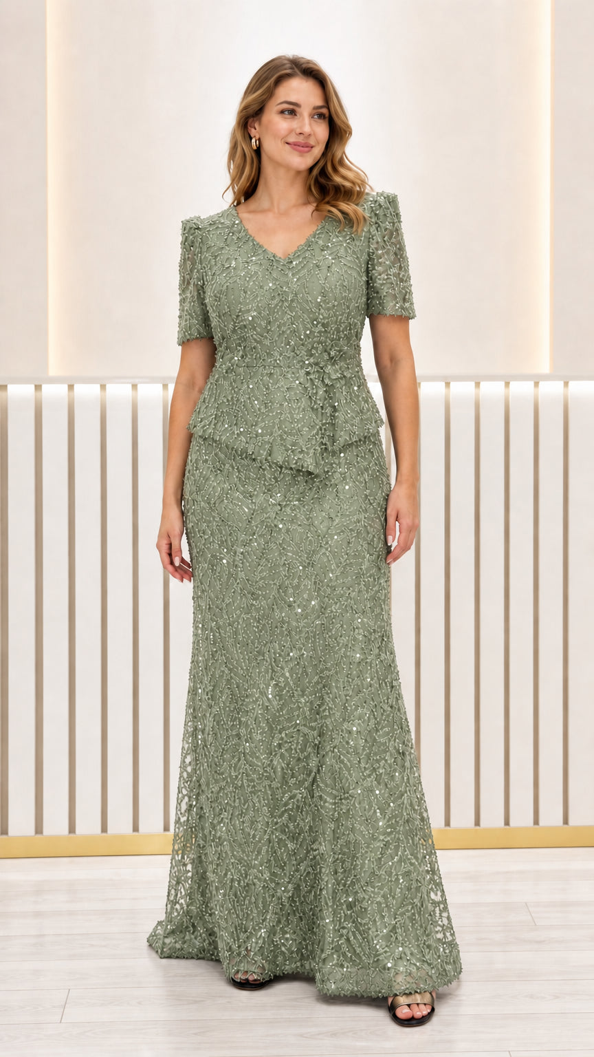 Front view of sage green sequined peplum formal evening dress