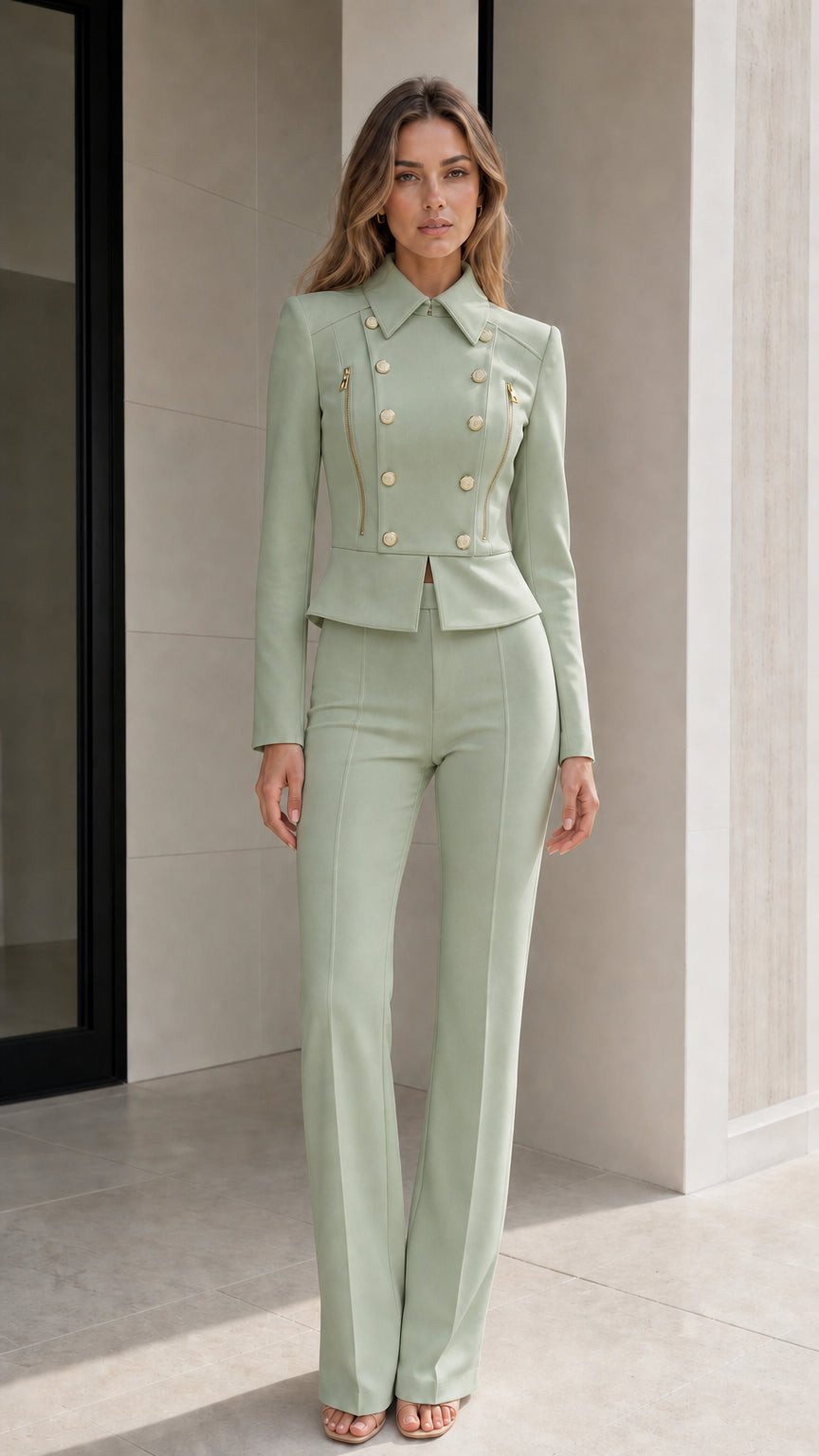 Model wearing sage green double-breasted peplum blazer and flared trousers suit set