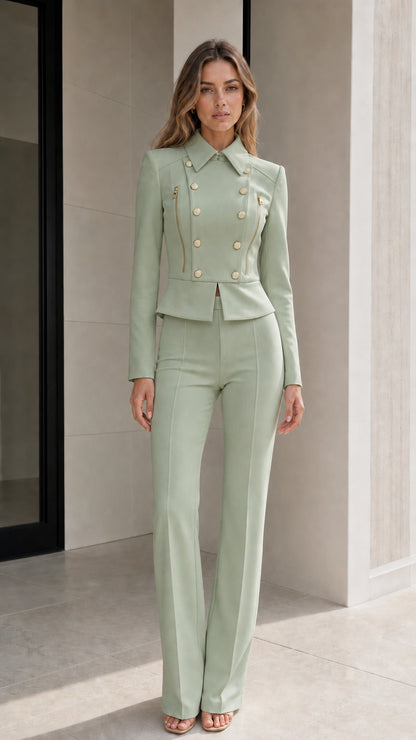 Model wearing sage green double-breasted peplum blazer and flared trousers suit set