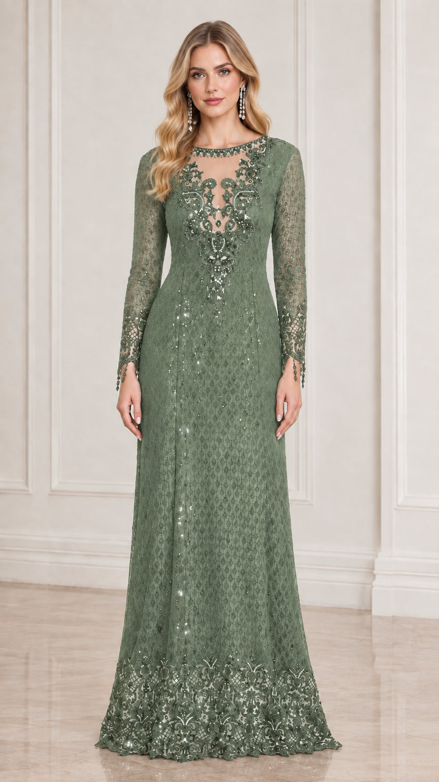 Sage green long sleeve sequin lace floor-length evening gown