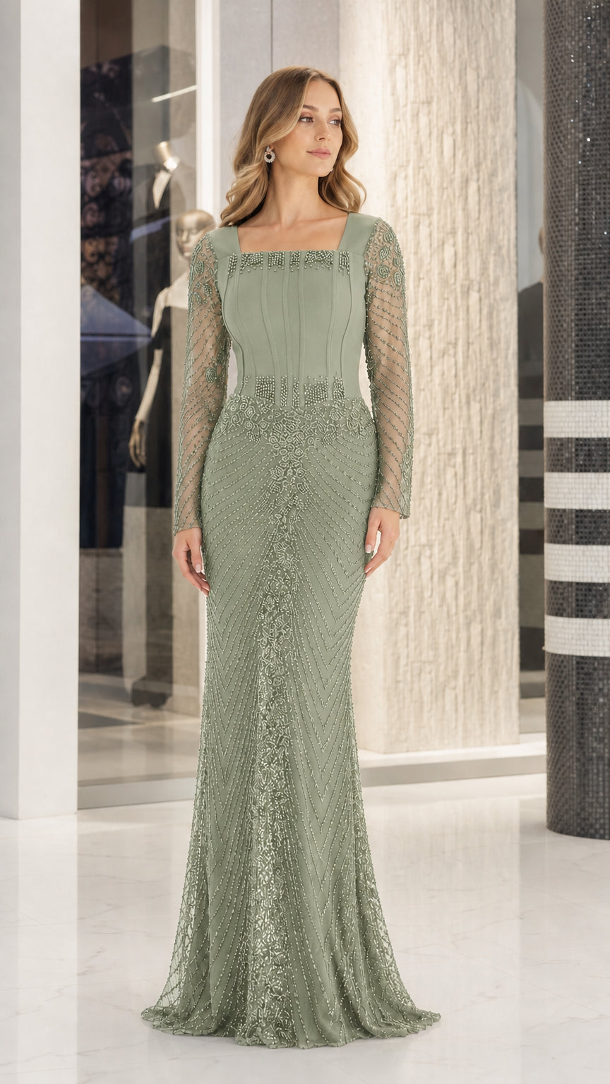 Front view of sage green beaded formal evening gown with square neckline