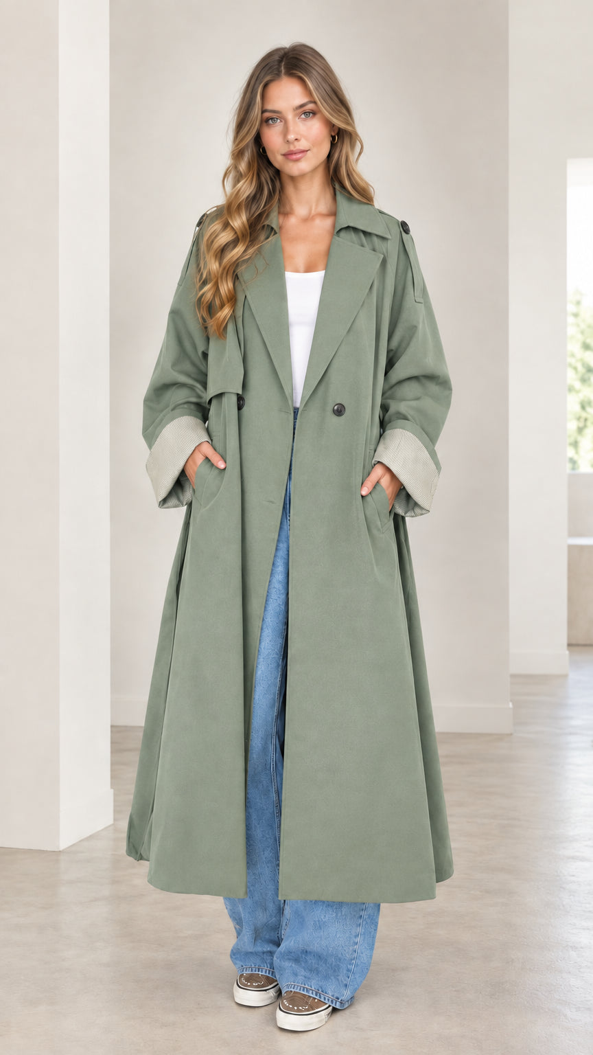 Front full-length view of woman wearing the sage green oversized maxi trench coat