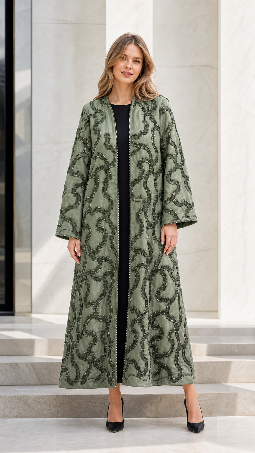 Model wearing Sage Green beaded long kimono duster coat