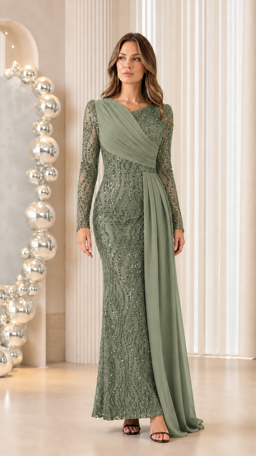 Front view of woman wearing sage green sequined long sleeve formal gown