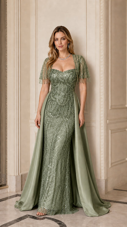 Sage green beaded sweetheart evening gown with side satin overskirt