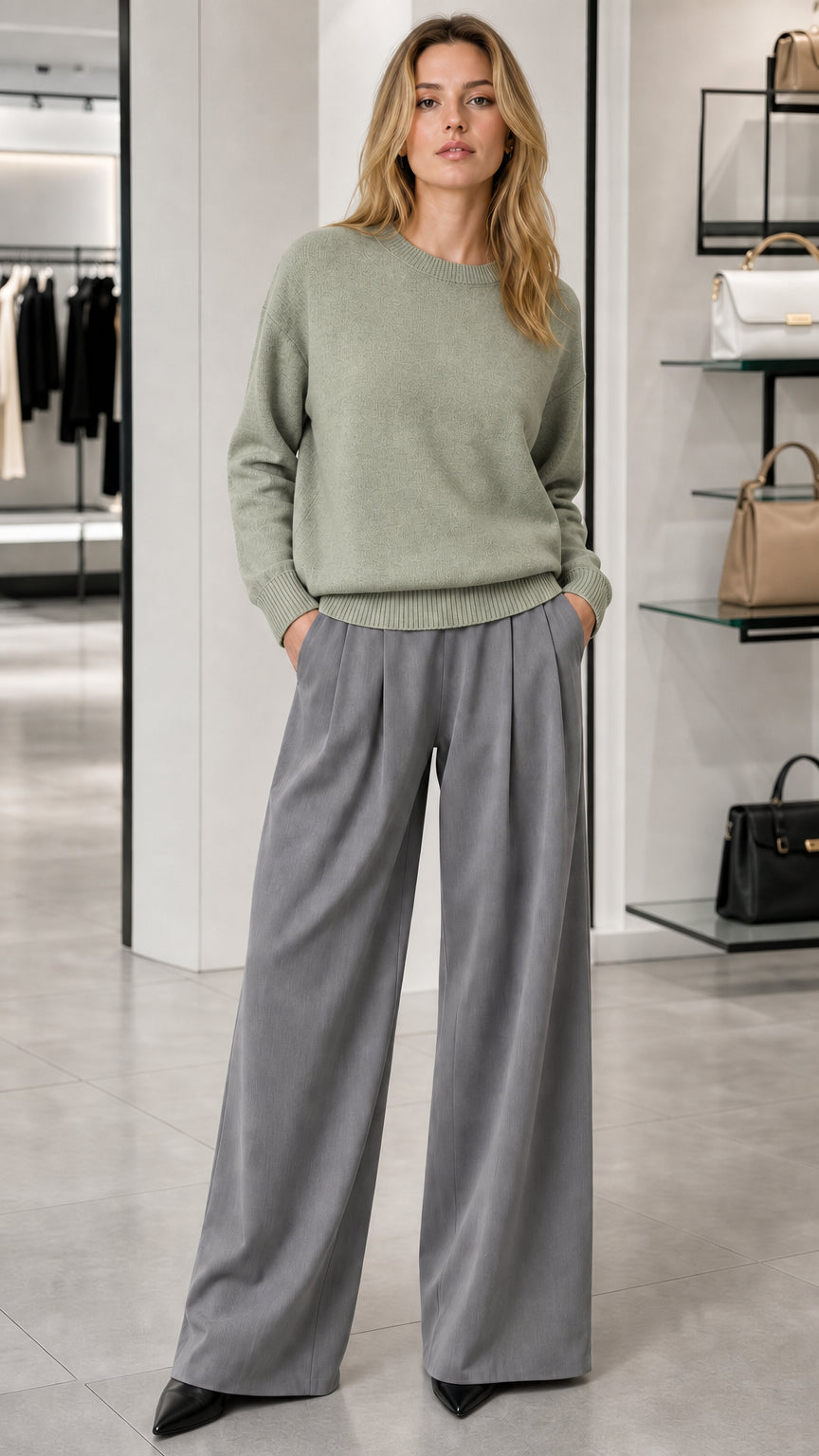 Model wearing sage green crewneck knit sweater with grey wide-leg trousers