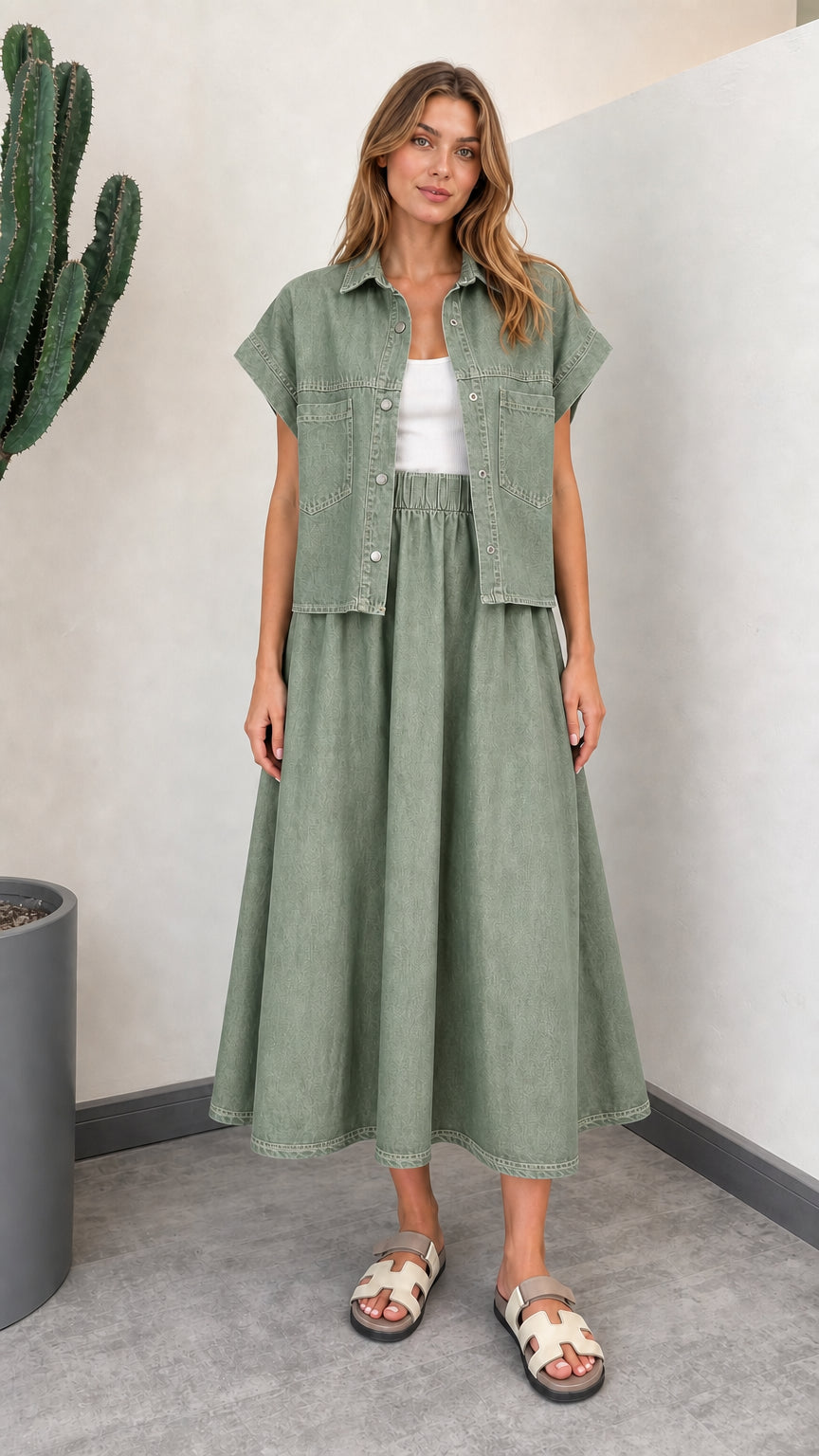 Sage Green relaxed fit short sleeve denim top and elastic waist midi skirt set