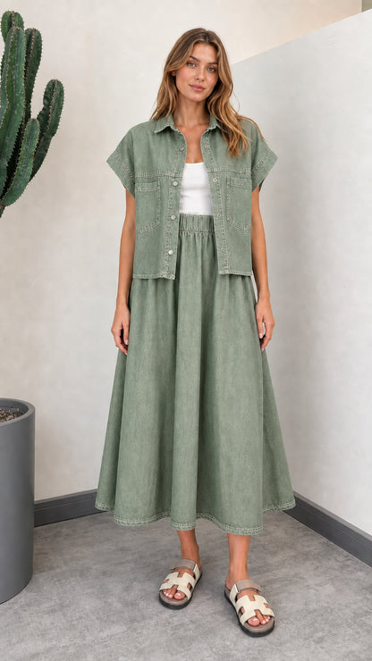 Sage Green relaxed fit short sleeve denim top and elastic waist midi skirt set