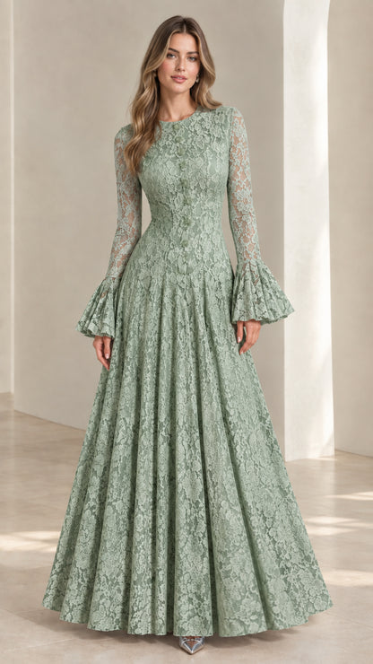 Full-length view of the Sage Green lace flared sleeve evening gown