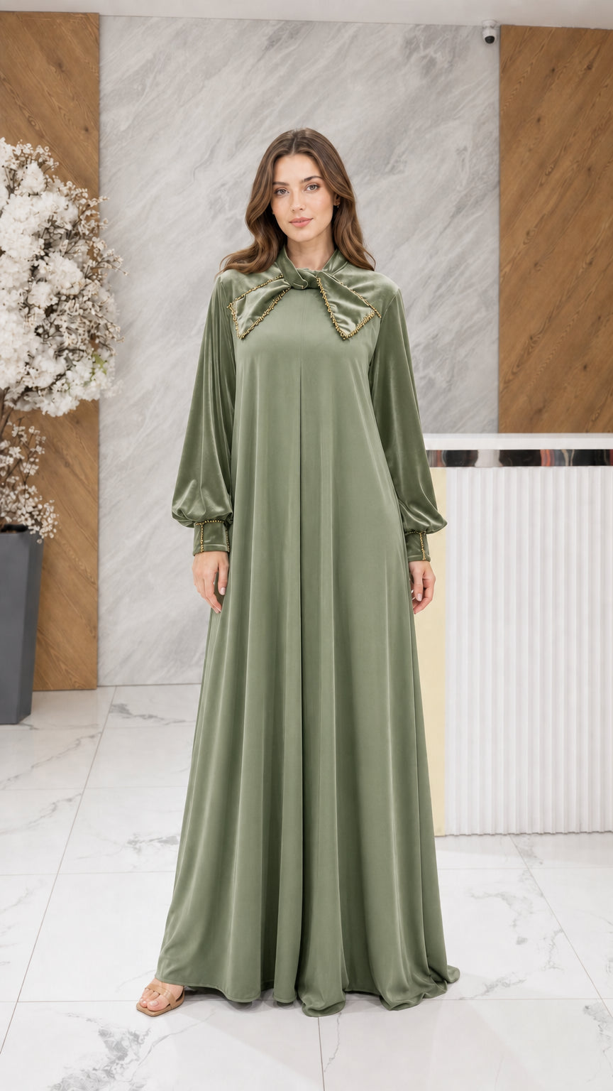 Sage green velvet formal maxi dress with bow collar