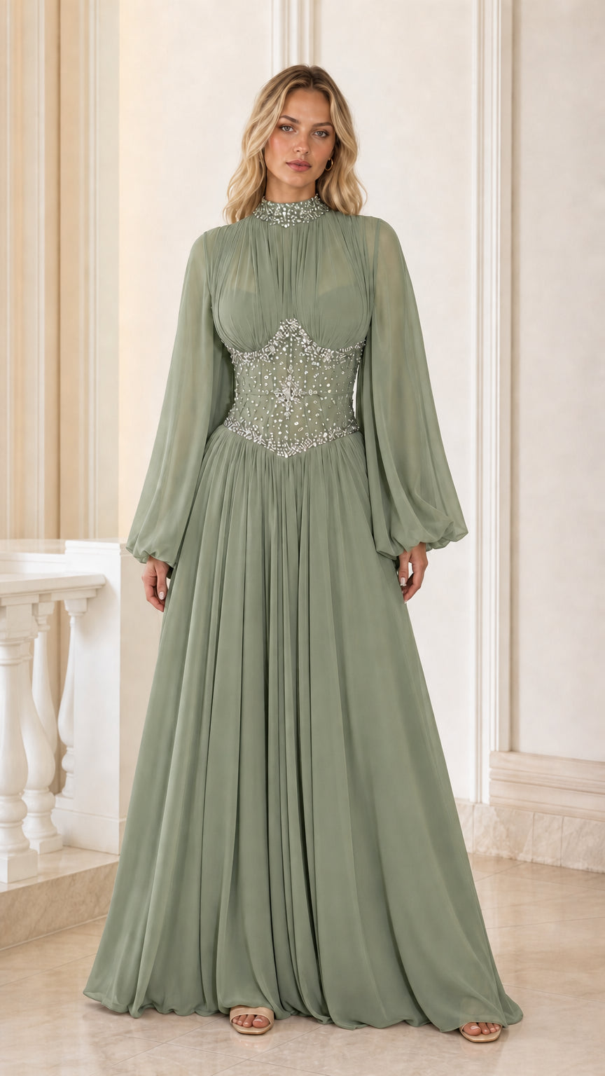Sage Green floor-length high neck evening gown with bishop sleeves and embellished waist