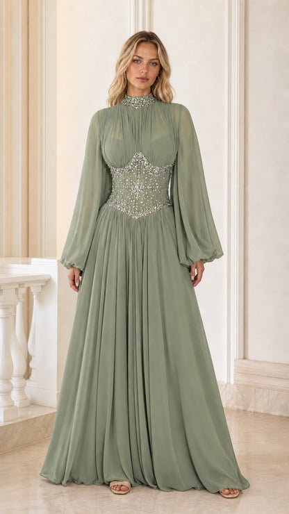 Sage Green floor-length high neck evening gown with bishop sleeves and embellished waist