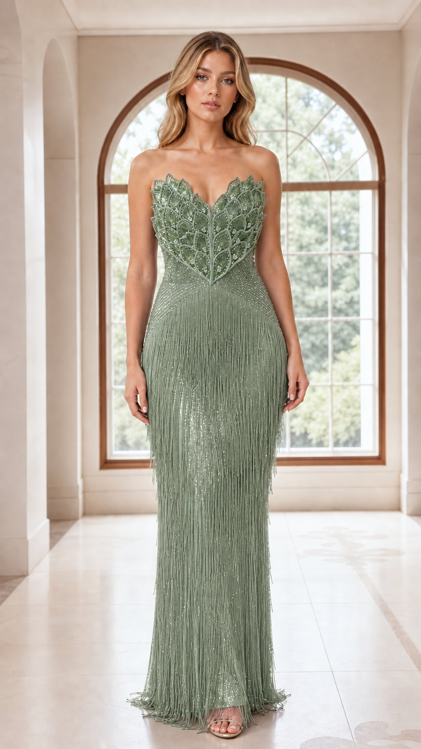 Model wearing sage green strapless beaded fringe formal gown