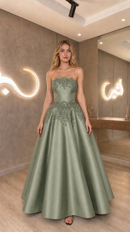 Sage green strapless satin formal gown front view