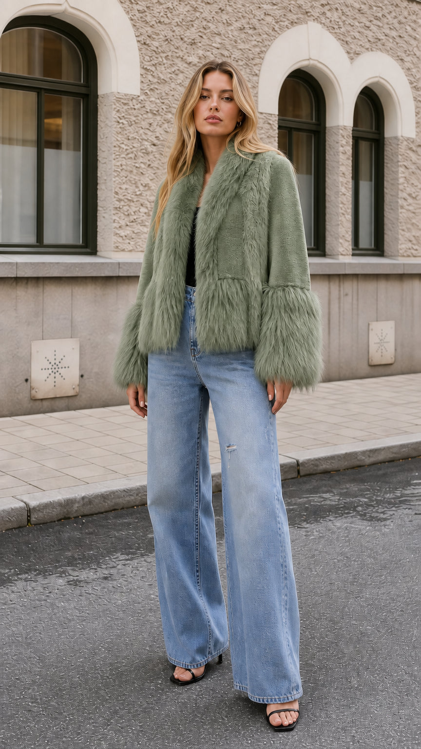 Model wearing sage green faux fur jacket with fluffy sleeve trim