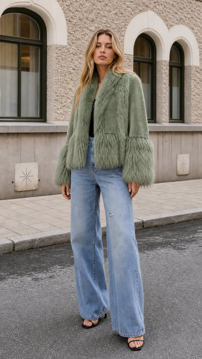 Model wearing sage green faux fur jacket with fluffy sleeve trim