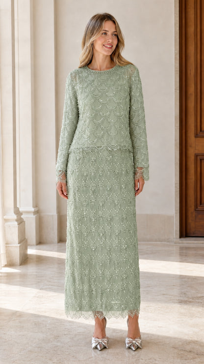 Full length sage green beaded long sleeve formal column gown