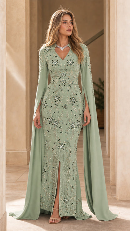 Sage green embellished cape sleeve evening gown with front slit