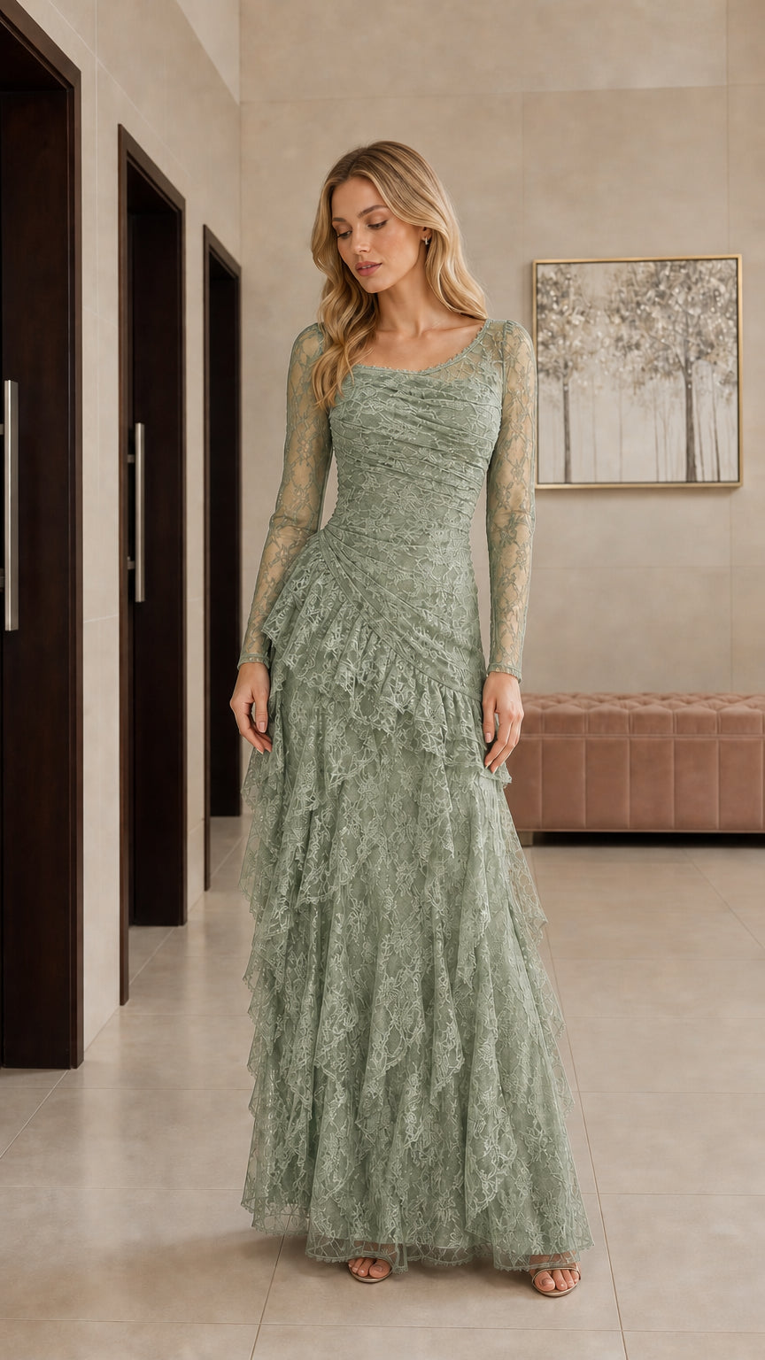 Sage green lace ruched bodice tiered evening gown