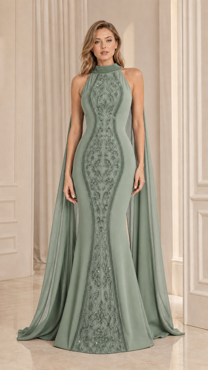 Sage Green sleeveless high neck mermaid evening gown with flowing cape