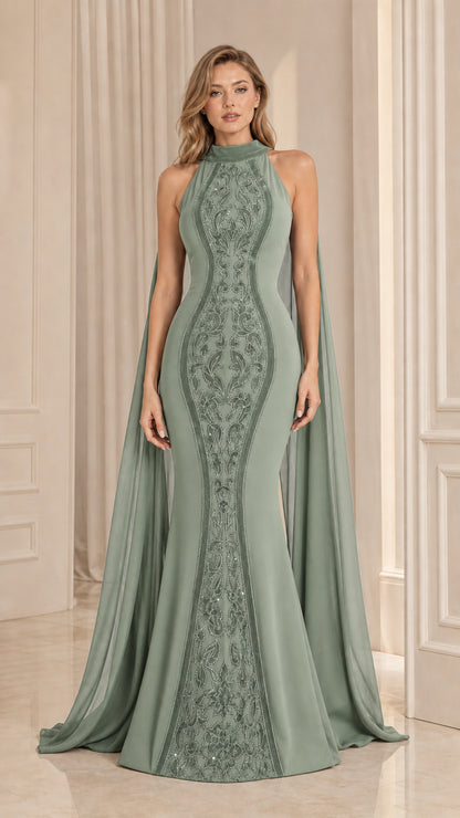 Sage Green sleeveless high neck mermaid evening gown with flowing cape