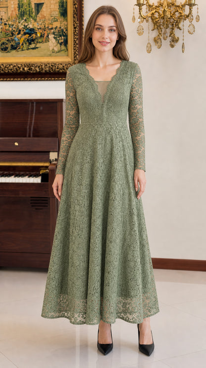 Front view of woman wearing sage green floral lace long sleeve maxi dress