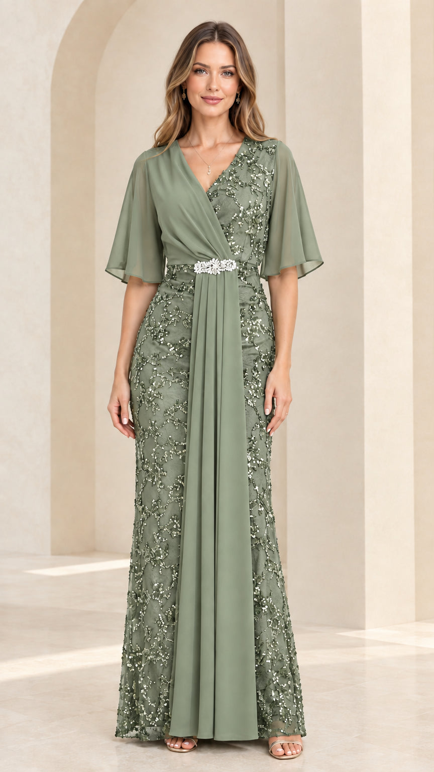 Sage green sequin-embroidered chiffon evening gown with crystal waist accent