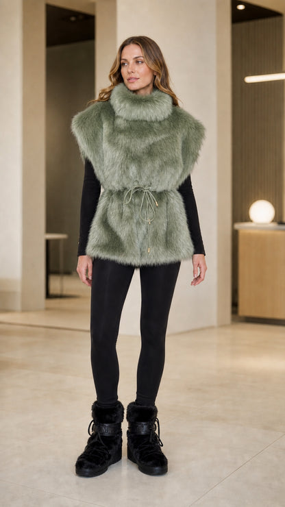 Front view of model wearing sage green high-neck plush faux fur vest with drawstring waist
