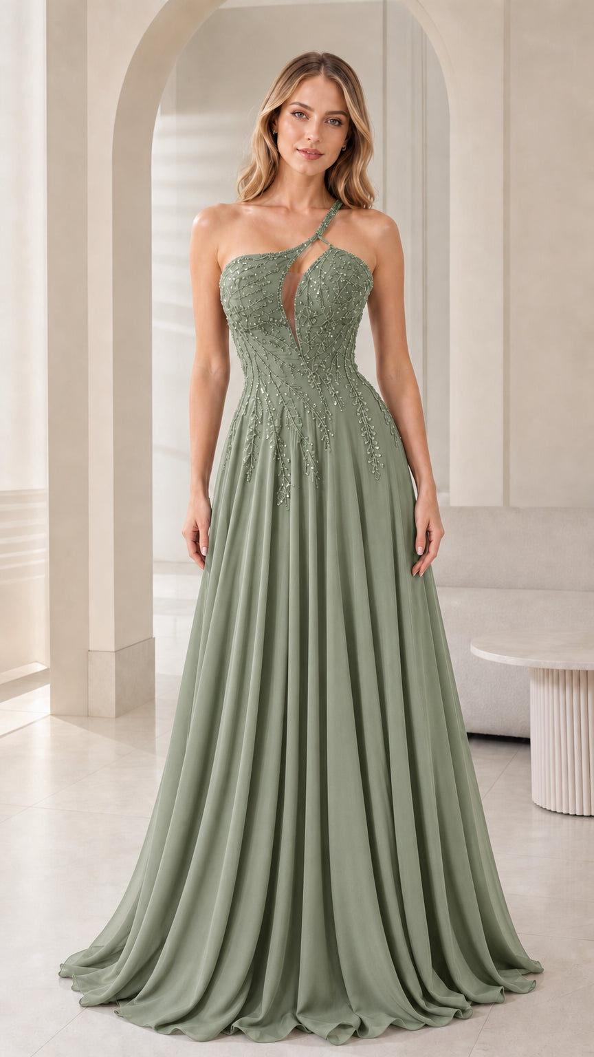 Front view of woman wearing sage green one-shoulder formal gown
