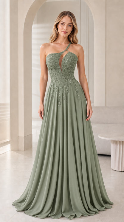 Front view of woman wearing sage green one-shoulder formal gown
