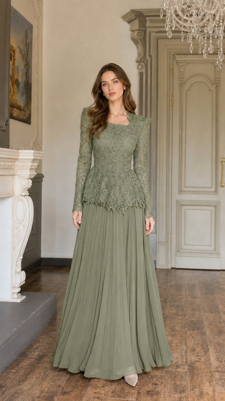 Full-length view of Sage Green long sleeve lace peplum formal gown