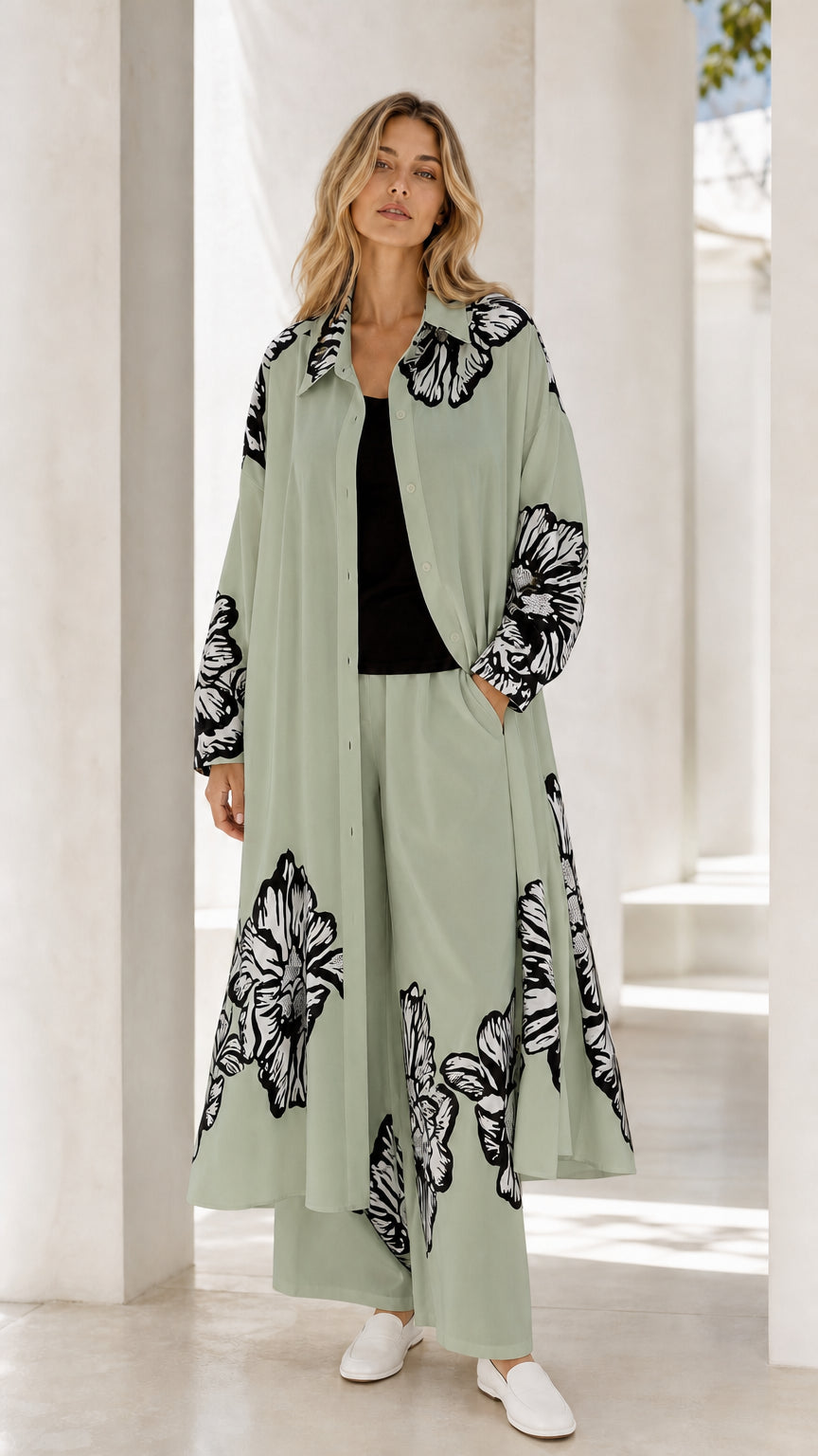 Full front view of sage green floral print long duster and matching pant set
