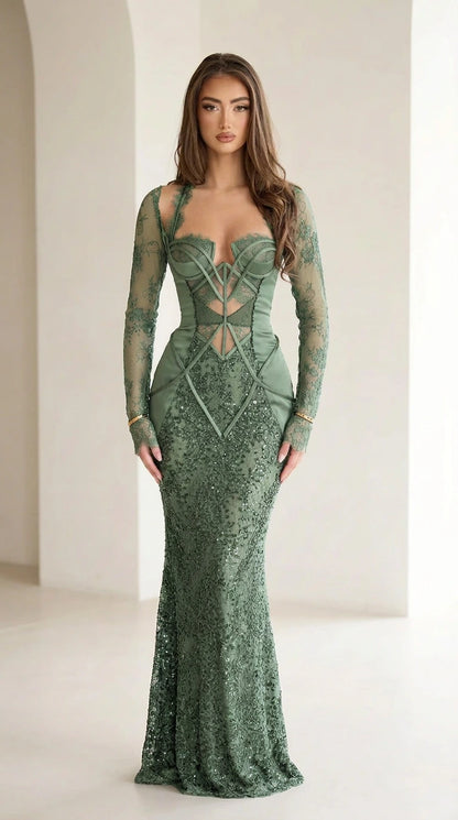 Sage Green formal evening dress with sheer lace bodice and sequin embroidery