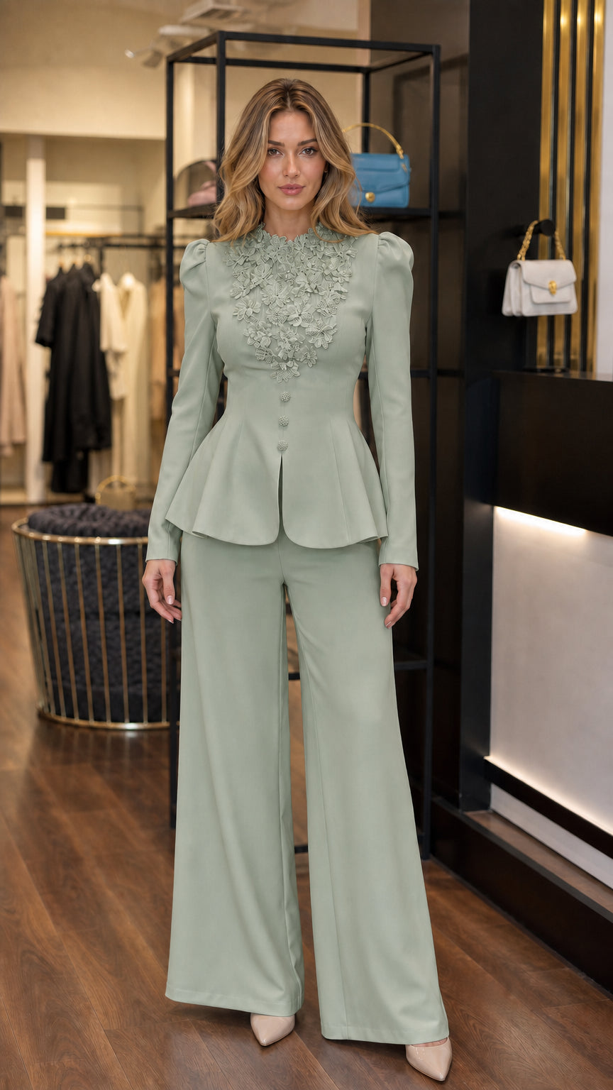 Sage green two-piece formal pantsuit with peplum blazer and wide leg pants