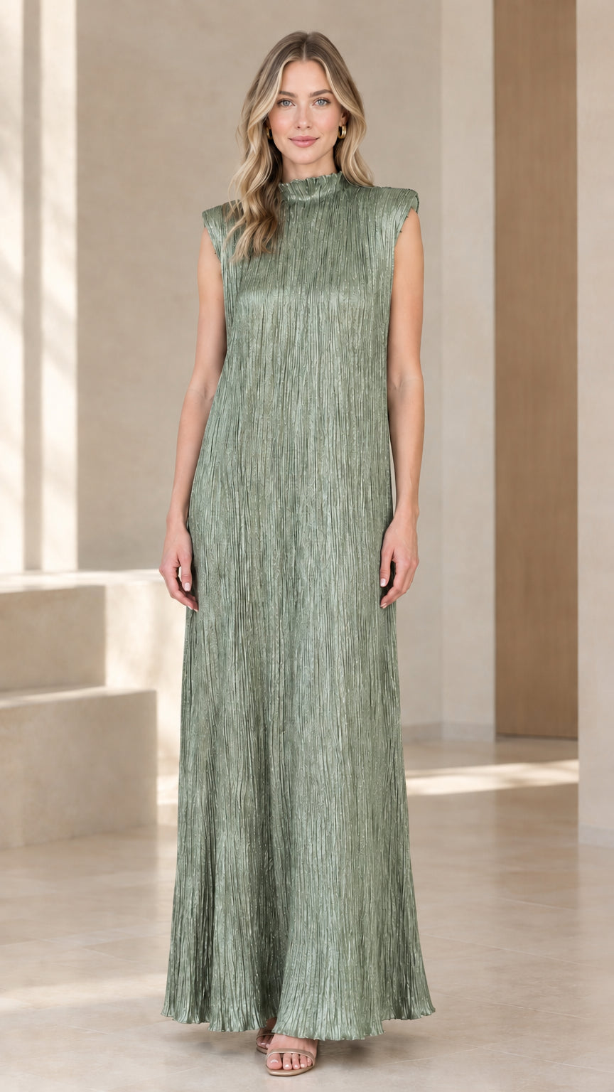 Sage green sleeveless pleated mock neck maxi dress