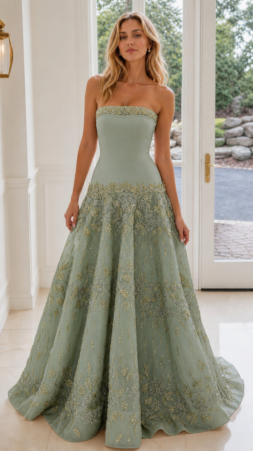 Sage Green strapless A-line formal gown with floral embellishments