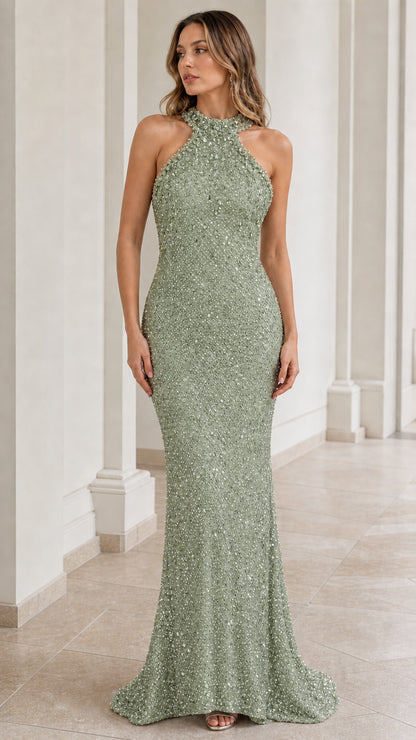 Sage green halter neck sequined mermaid gala dress