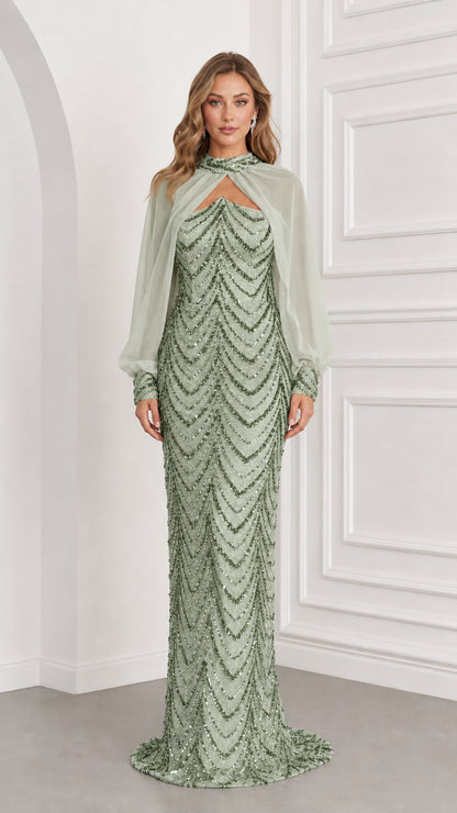Front view of sage green sequined evening gown with matching sheer chiffon capelet