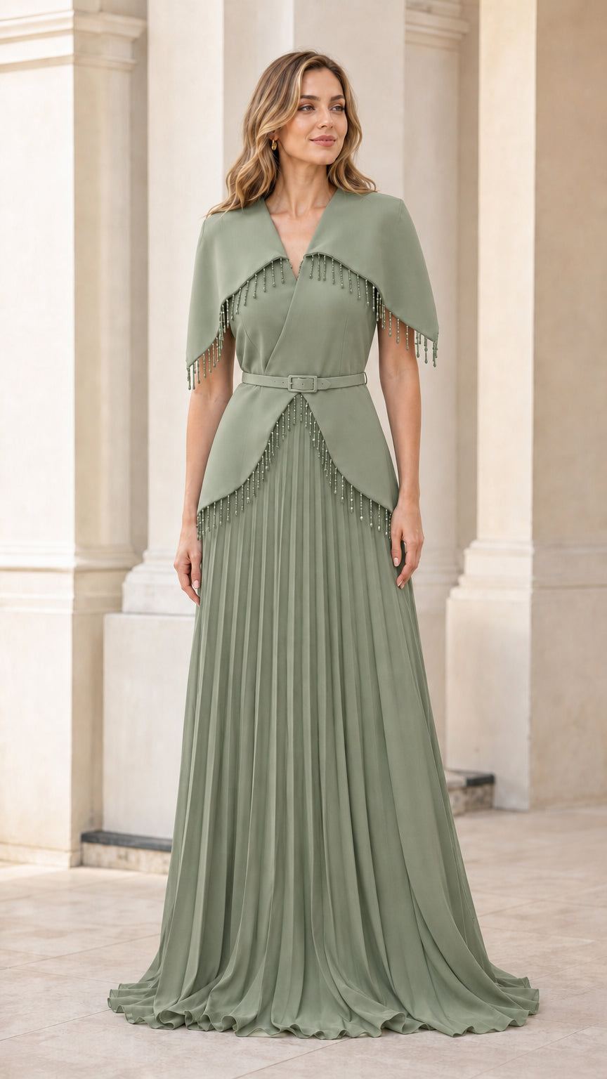 Sage green beaded capelet pleated maxi evening dress on model