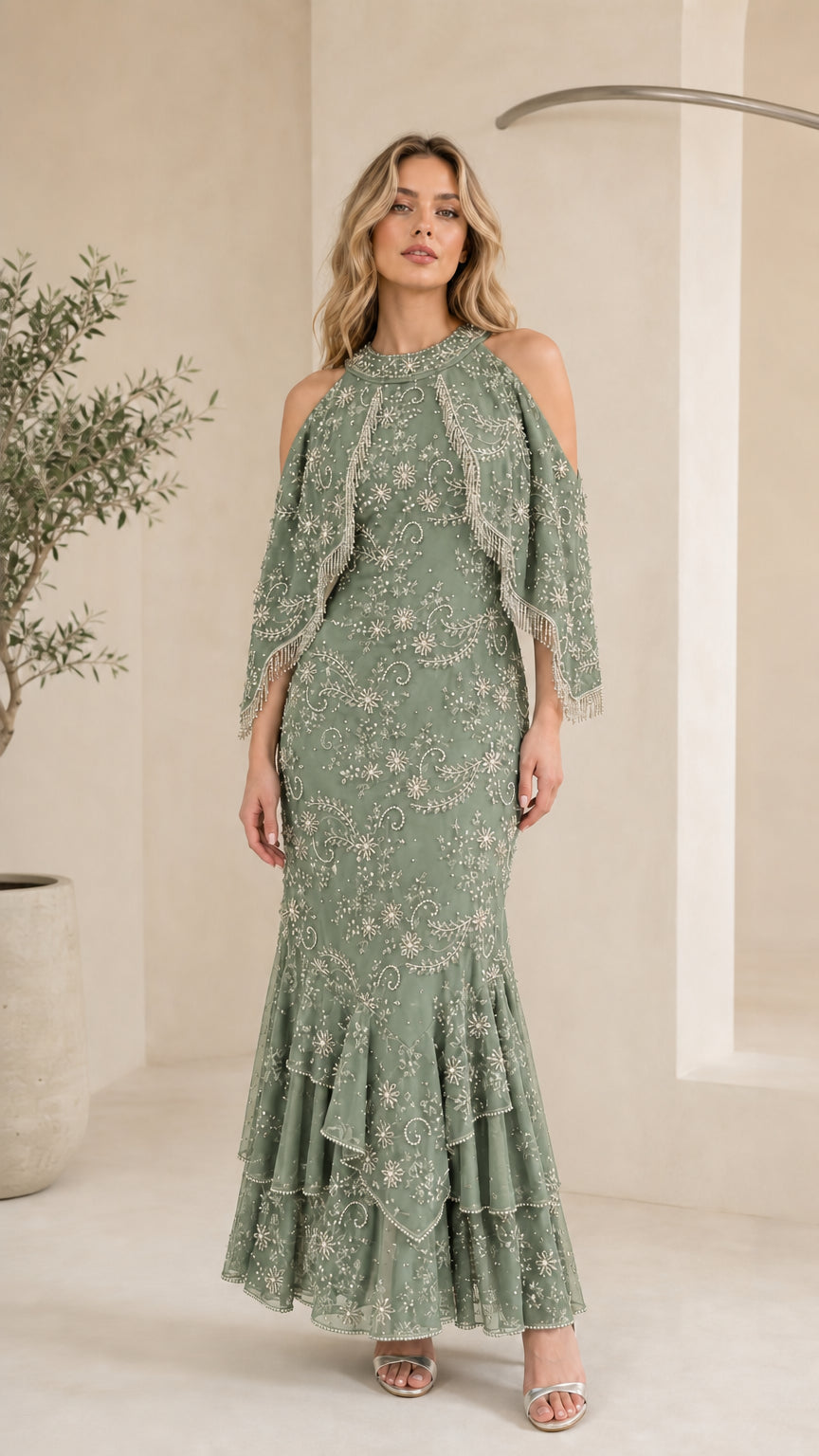 Sage Green beaded fringe capelet tiered maxi dress on model