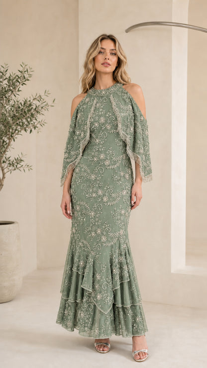 Sage Green beaded fringe capelet tiered maxi dress on model