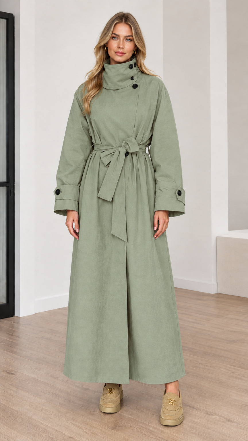 Full length view of women's sage green high neck maxi trench coat