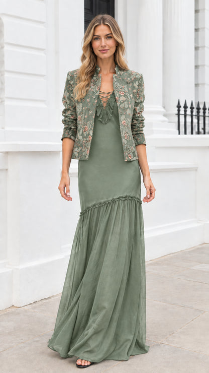 Front view of sage green floral jacquard jacket and maxi dress two-piece set