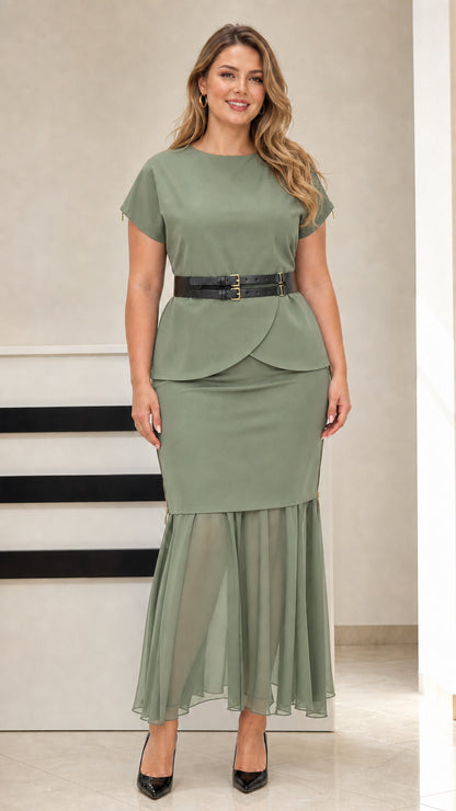 Model wearing sage green peplum top and mermaid skirt set with chiffon hem